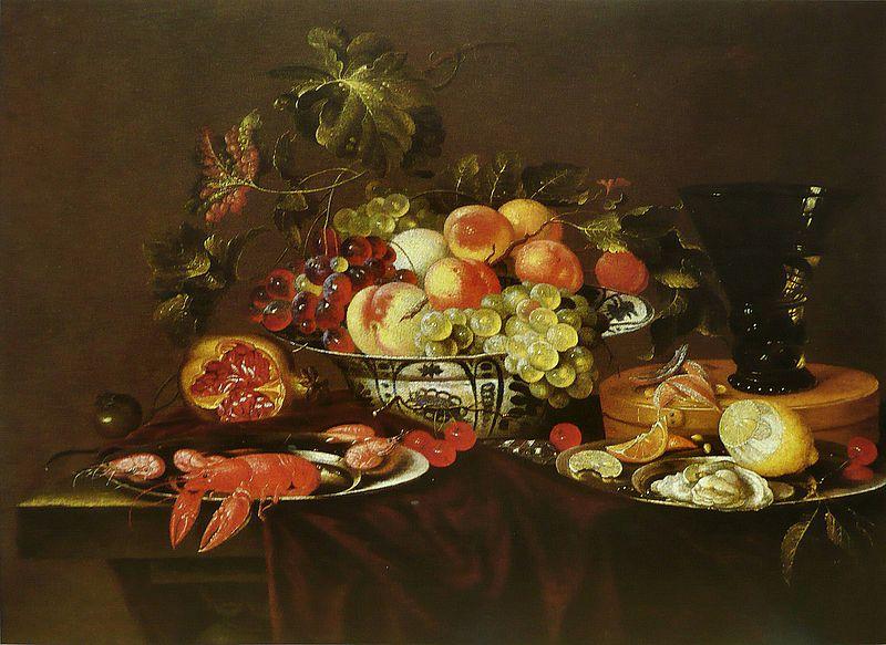 Joris van Son Crustaces  huitre et coupe de fruits avec un verre Germany oil painting art